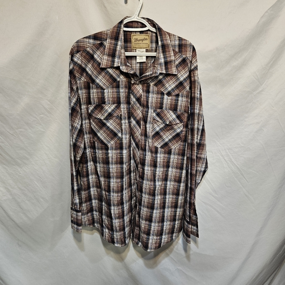 Vintage Wrangler Cursive Label USA Western Shirt Plaid X-Large Pearl Snap Button